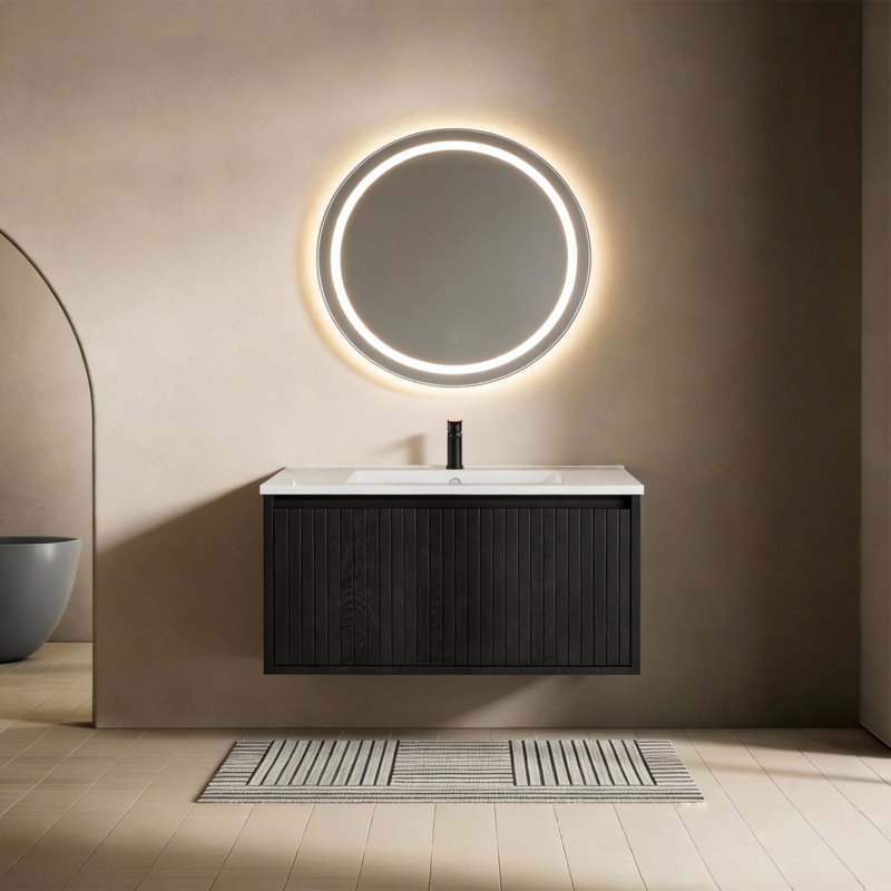 30 Inch Modern Bathroom Vanity With Divided Drawer, Vertical Textured Front And Floating Design - Wall-Mounted Storage Cabinet