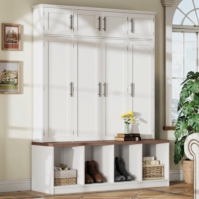 Farmhouse Hall Tree With 4 Hidden Hanging Hooks, White