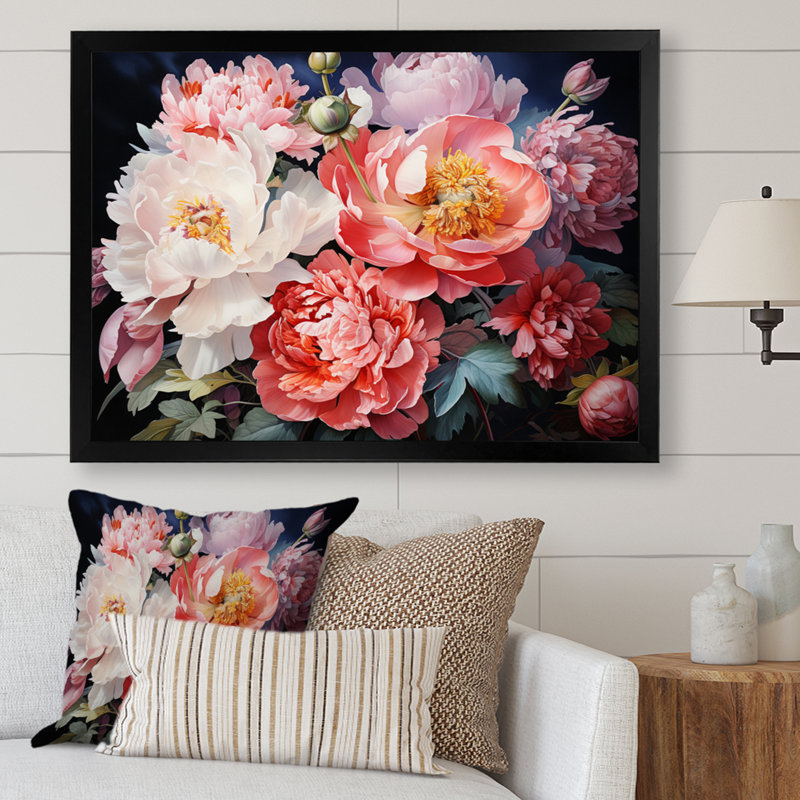 Art de Chine, bouquet de pivoines - Art encadré, Cadre simple noir, H 24 po x l 32 po x P 1 po