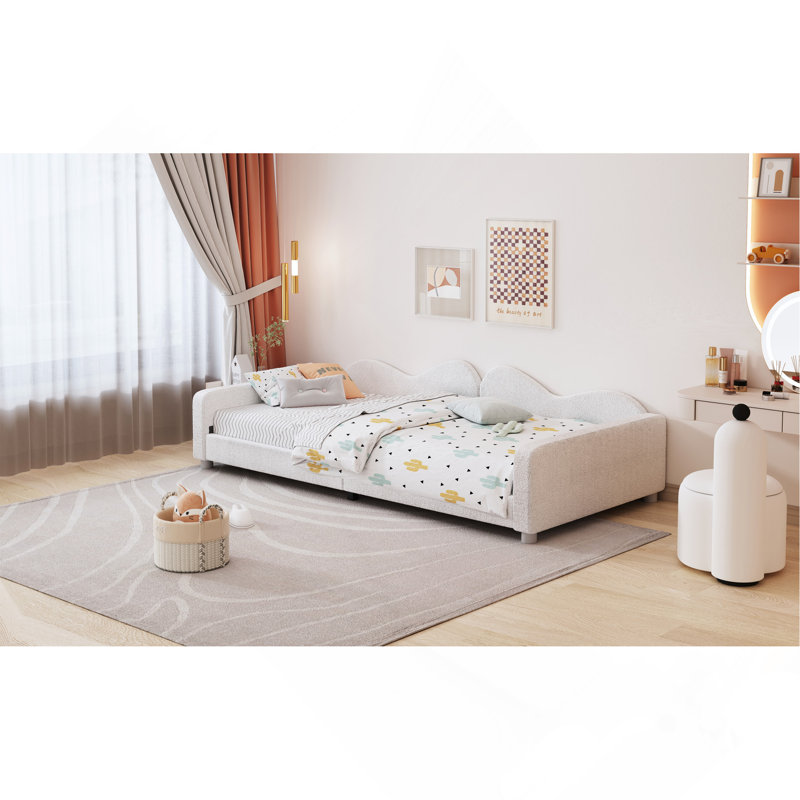 Twin Size Upholstered Daybed, Sherpa Fabric Sofabed With Cloud-Shaped Backrest, Twin, White