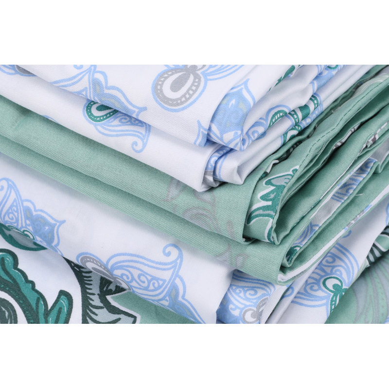 Ensemble de housse de couette en satin de coton de luxe (3 pièces), vert menthe et vert et blanc | 100% coton, 79 po x 79 po | 210 fils, lavable à la machine, enveloppe et fermeture à boutons | Une literie élégante pour une chambre à coucher éléga