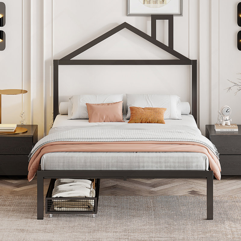 Anvitha Metal Platform Bed with two drawers,House-Shaped Headboard Design, Twin, Pink