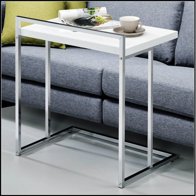 White High Gloss Rectangular Top Snack Table With Metal Legs, Perfect For Modern And Stylish Living Spaces