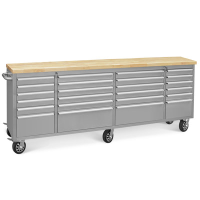 96-Inch Stainless Steel Rolling Tool Box with 24 Drawers, Heavy-Duty Mobile Garage Workbench, Lockable Large Tool Chest Storage Cabinet with Wheels for Workshop