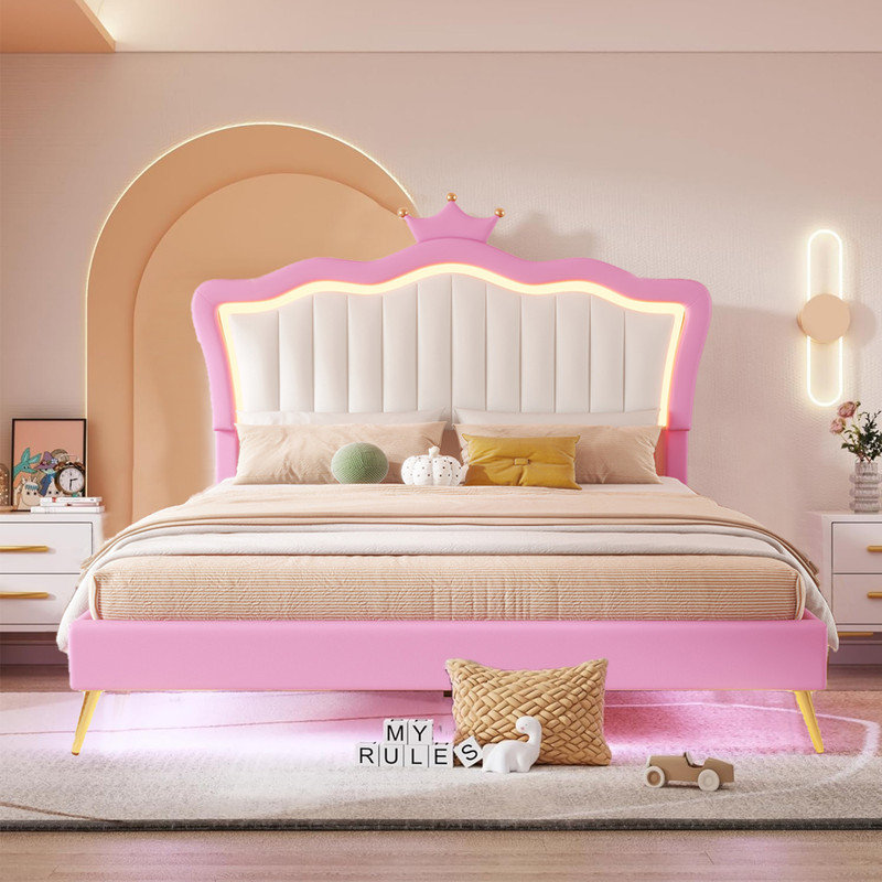 Cadre de lit moderne avec tête de lit tapissier Princess, lumières DEL, rose et blanc, Double