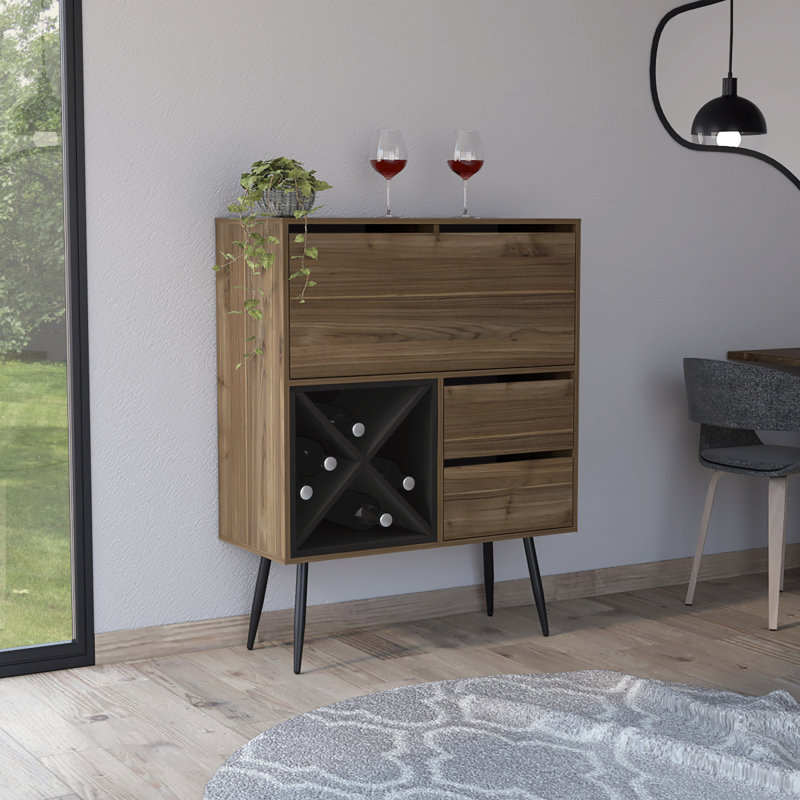 Armoire de bar 4 tiroirs noir en acajou et 4 bouteilles Wengue