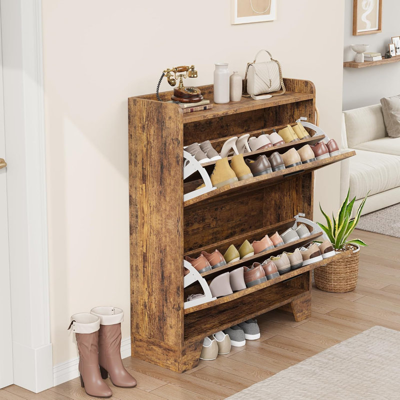 Shoe Cabinet Storage For Entryway, Narrow Shoe Cabinet With 2 Flip Drawers, Freestanding Hidden Slim Shoe Organizer Cabinet With Hooks For Foyer, Hallway, Garage