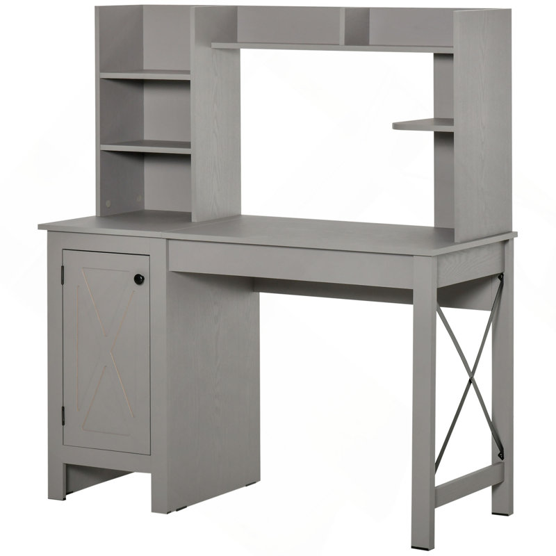 Farmhouse Computer Desk With Hutch And Cabinet, Home Office Desk With Storage, For Study, Light Grey, Light Gray