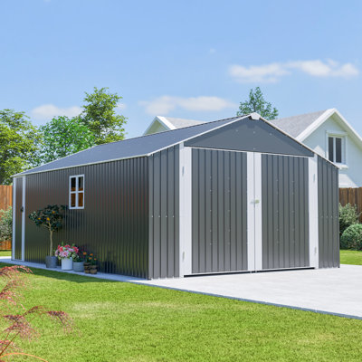 Remise extérieure en métal 1810 capacité 12 x 20 pi avec deux portes à charnières, imperméable et résistante aux intempéries, pour les tondeuses à gazon, espace de rangement pour l'équipement de jardin, double protection