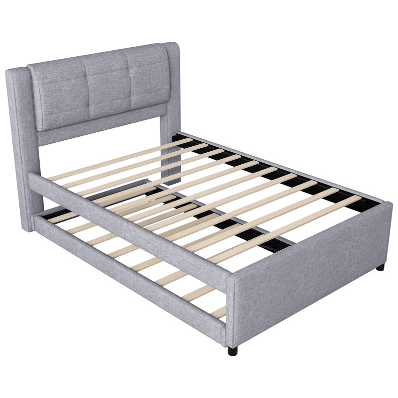 Lit plateforme tapissier avec lit gigogne, Gris