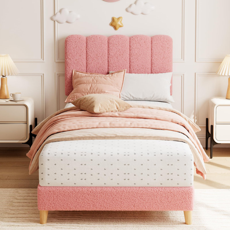 Structure de lit simple, lit plateforme tapissier Boucle avec tête de lit Wave pour filles / enfants, aucun sommier nécessaire