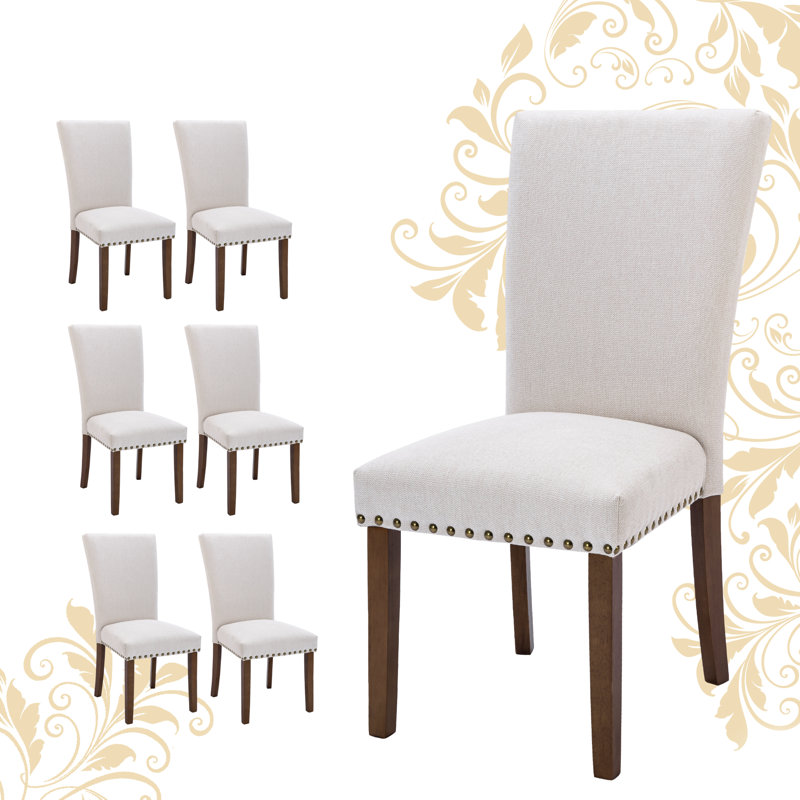 6" Thickened Modern Soft Linen Fabric Upholstered Dining Chair  with Solid Wood Legs, Nailhead Trim, Ergonomic High Back, 2