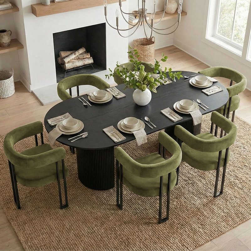 Ensemble de table de salle à manger pour 6 personnes avec table ovale et 6 chaises rembourrées en velours, Noir, Vert