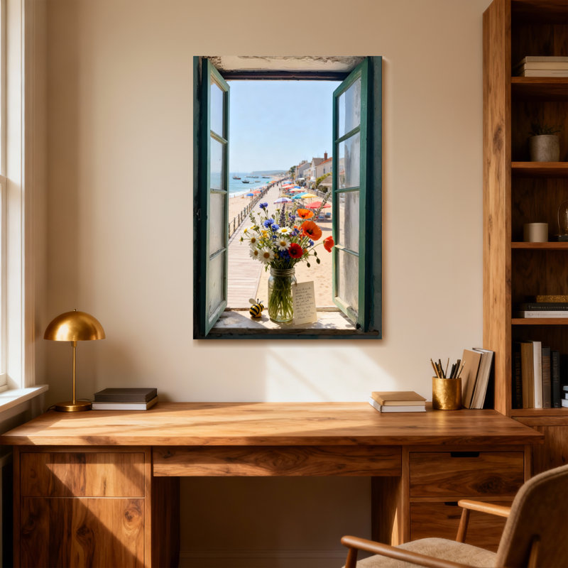 Landscape & Nature Window View Beach Flowers Summer Scene, 40" H x 28" W