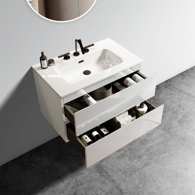 TIA 30" Wall Mount Space  Bathroom Vanity With Ceramic Sink With Three Faucet Holes, Blanc lustré