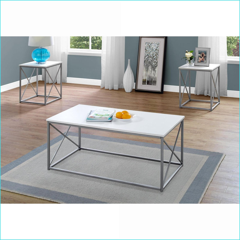 Ensemble de 3 tables basses de salon - Stratifié blanc, structure en métal gris, robuste et amp; Vaste espace