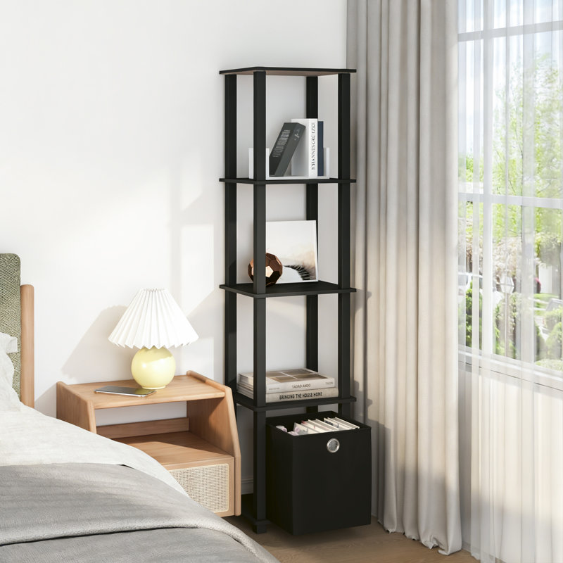 5-Tier Open Shelf Bookcase, Compact Storage Bookshelf with Bin, Black