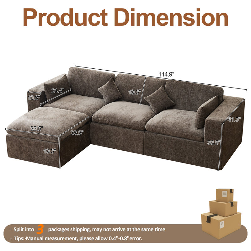 Canapé modulaire à compression avec repose-pieds, Chenille brun, H 38,6 po x l 155,1 po x P 74,8 po