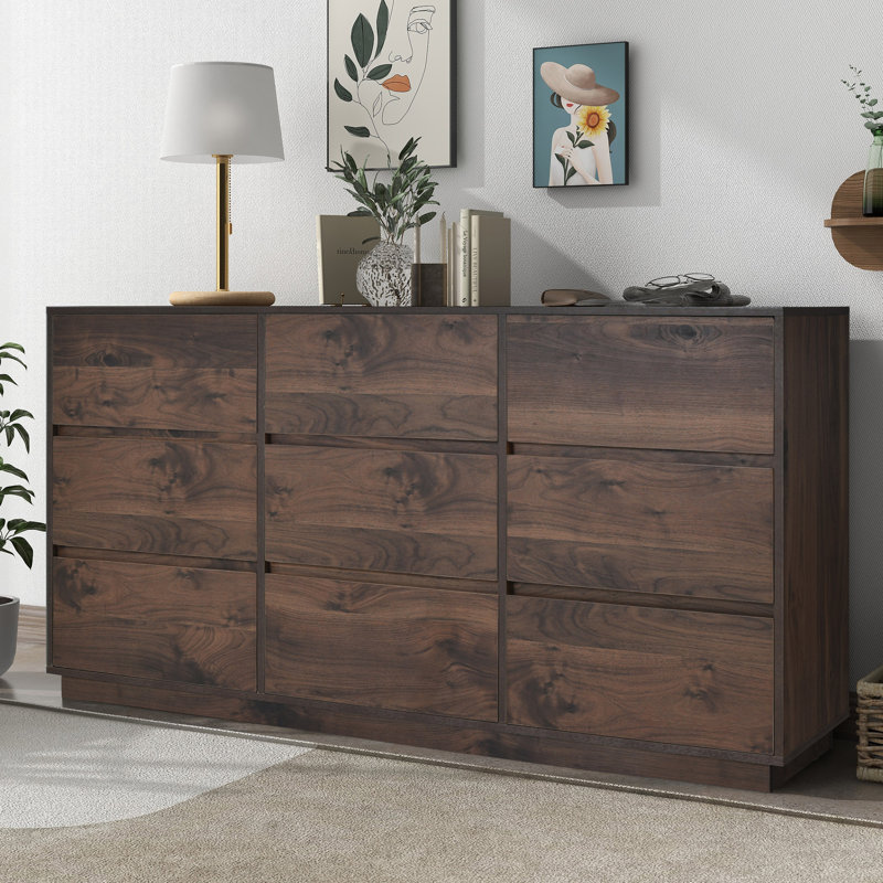 Commode 9 tiroirs Mid-Century moderne, brun foncé