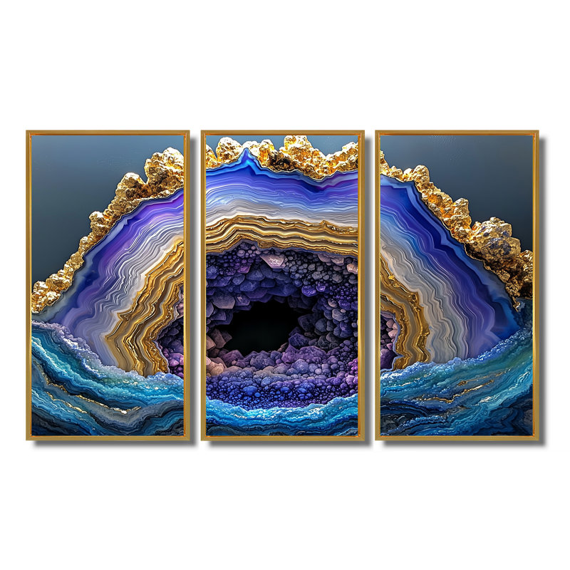 Agate Dream River VII - ensemble de reproductions d'art en pierre, H 28 po x l 36 po, Reproduction avec cadre flottant, Doré