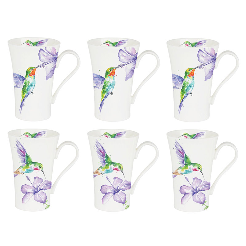 Ensemble de grandes tasses à café en porcelaine osseuse 6 pièces humming oiseaux Niamh