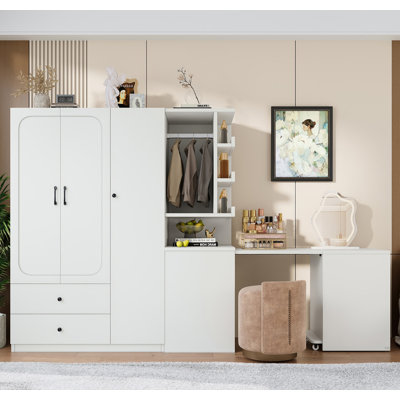 Multifunctional Wardrobe with 2 Doors and Hanging Rod, Wooden clothes closet with Convertible Desk and Storage Drawers, Multi-storage Spaces, for Bedroom, Cloak Room, Laundry, White