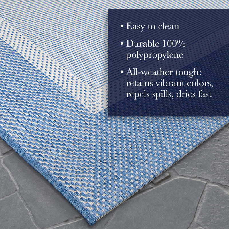 Tapis intérieur / extérieur bleu tissé à plat Alysha, Rectangle 8 pi 6 po x 13 pi, Ivoire / bleu
