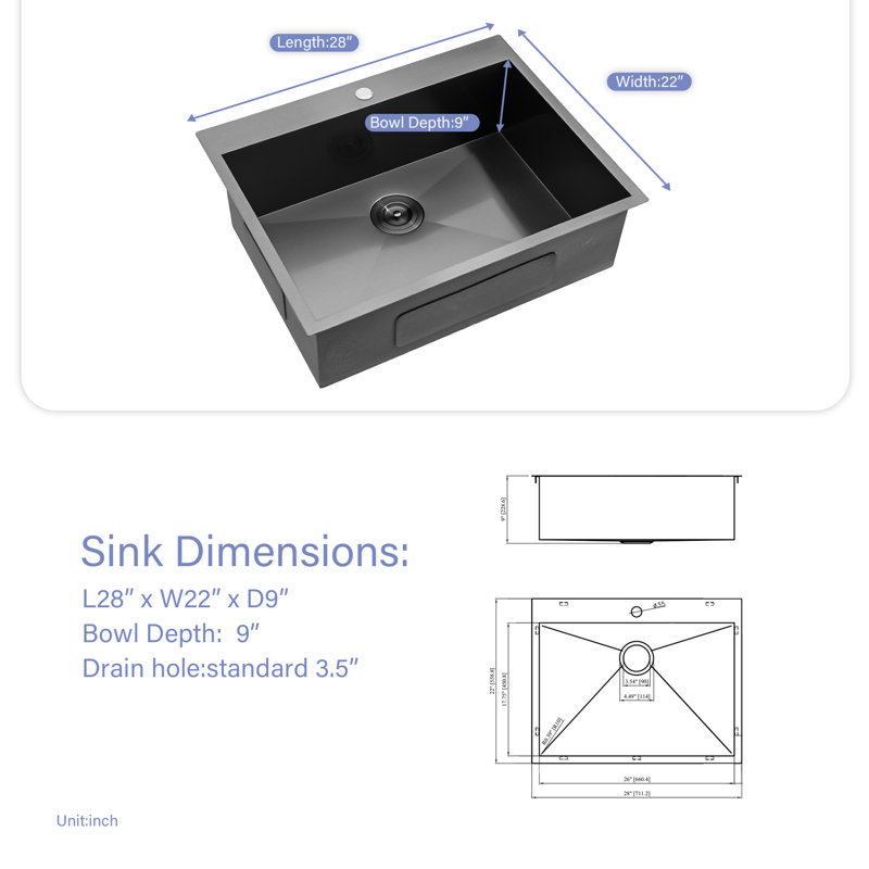 28'' L Drop-In Single Bowl Stainless Steel Kitchen Sink