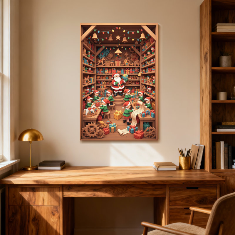Noël, atelier de Noël, lutins, jouets, engrenages, lumières, décorations, H 18 po x l 12 po