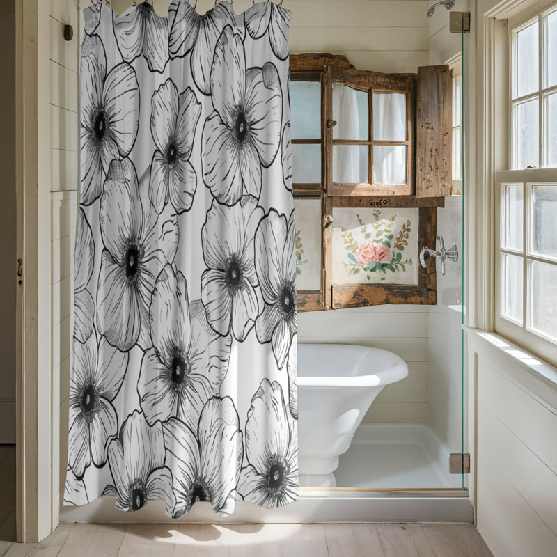 Noir et blanc Botanical Designs - Rideau de douche standard 1 pièce, H 74 po x l 71 po