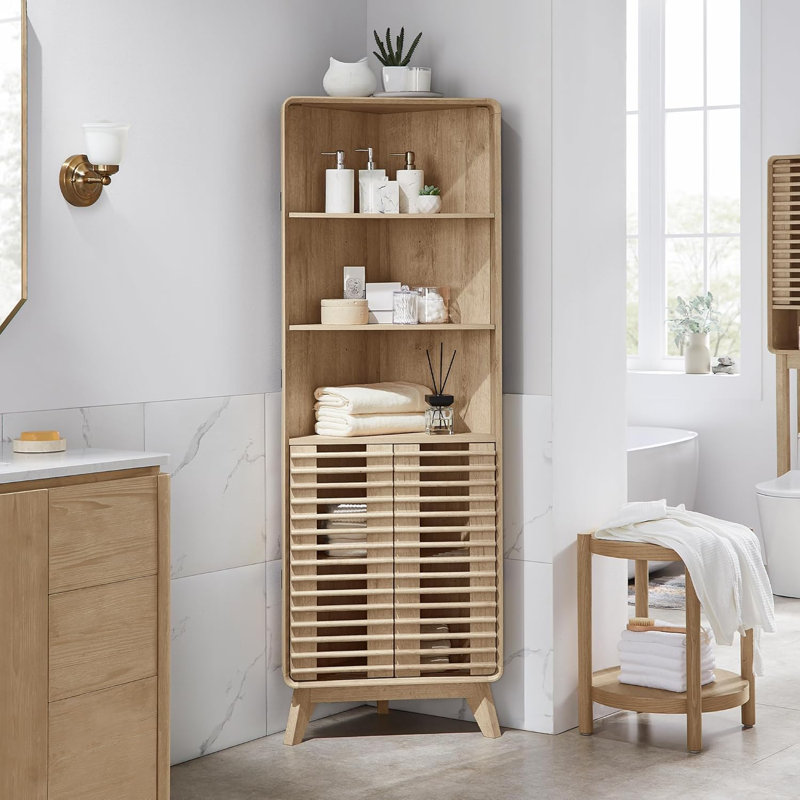 Freestanding Bathroom Cabinet, Corner Storage  Cabinet With Hidden Locker Underneath, Natural