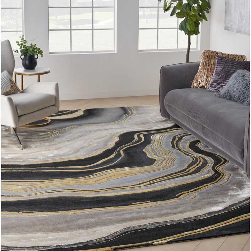 Tapis beige / noir / gris en viscose touffeté à la main Abstract, Rectangle 9 pi 9 po x 13 pi 9 po