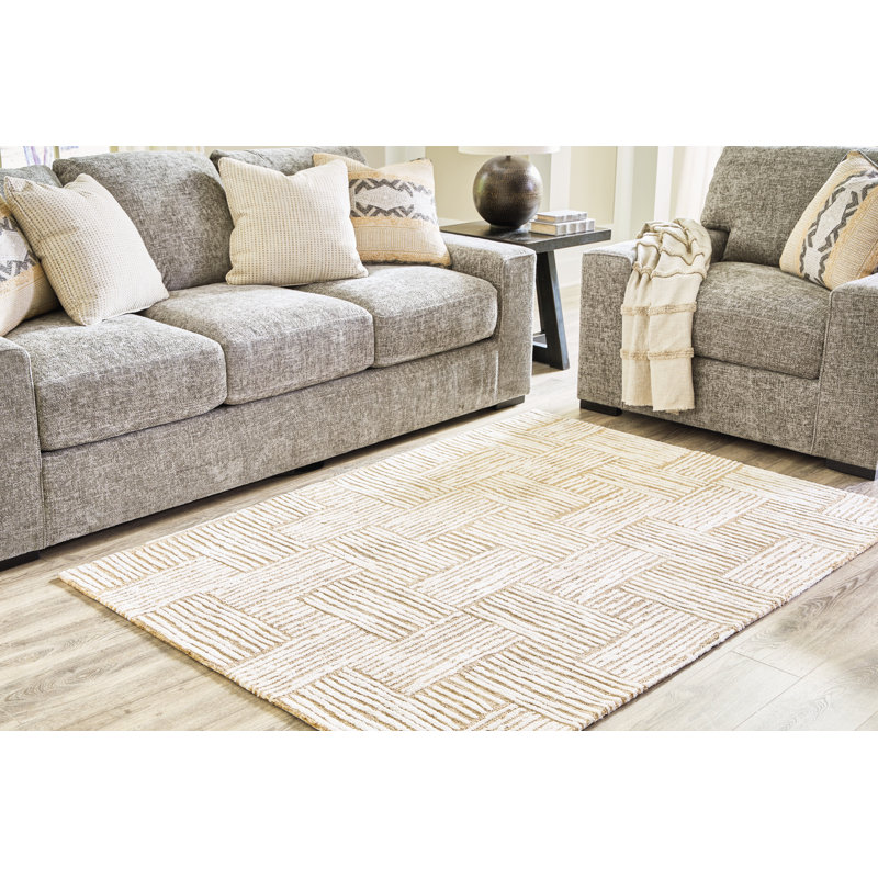 Handmade Beige Rectangular Basket Weave Synthetic Rug 5' x 7'