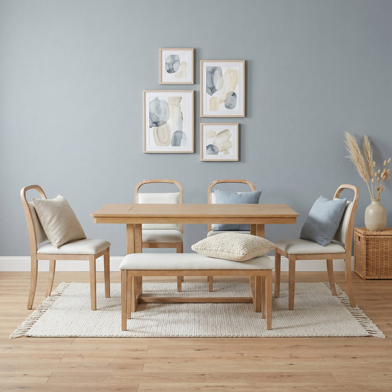 Ensemble de 6 tables de salle à manger pour 6 personnes avec table rectangulaire, banc et 4 chaises rembourrées, Naturel
