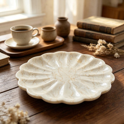 Floral Scalloped Natural Marble Decorative Display Tray for Vanity & Tabletop Styling