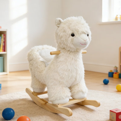 Toddler Plush Rocking Horse Toy with Solid Wood Base Safety Belt and Sound