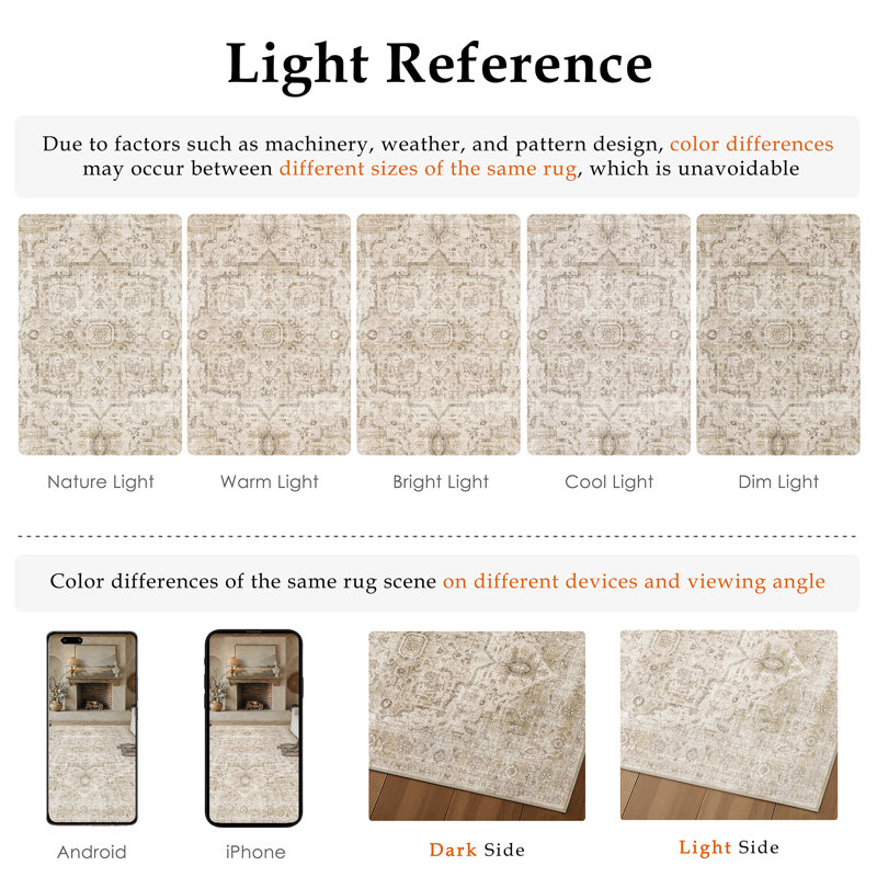 Tapis beige Artisanal rétro lavable à la machine et antidérapant, Beige, Rectangulaire 3 pi x 5 pi