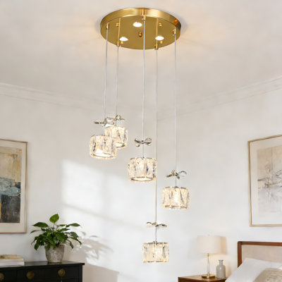5-light Gold Crystal Led Chandelier For Hallway, Adjustable Height, 3-color Led Integrated, Modern Luxury Ceiling Light For Corridor Entryway
