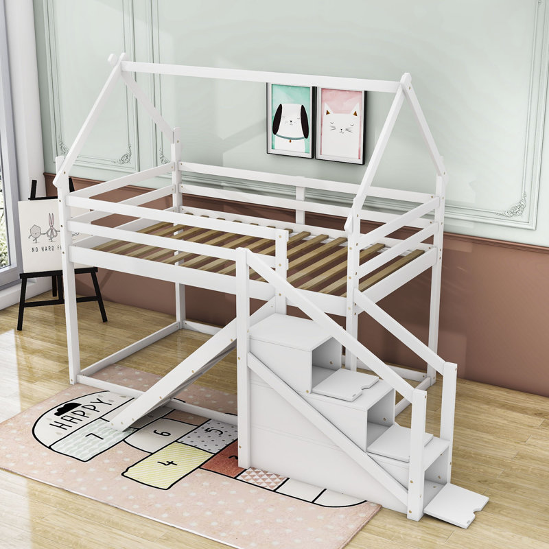 Lit superposé avec glissière et escalier Bonnert Kids House, Blanc