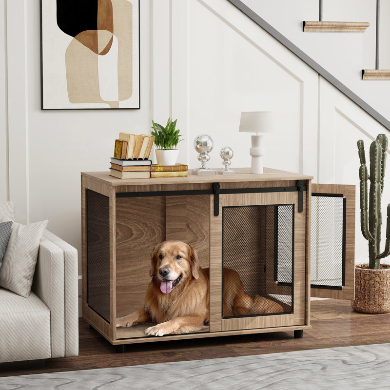 39" Dog Crate Furniture, Dog Kennel Furniture End Table with Sliding Barn Door, Furniture Style Dog Crate for Large Dogs, Walnut Brown