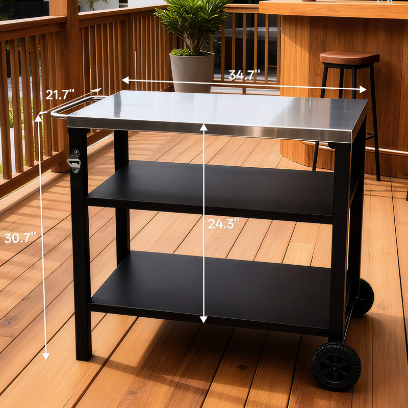 Chariot de barbecue extérieur à 3 niveaux avec plateau en acier inoxydable, table de préparation pour barbecue mobile sur roulettes, barre de service roulante pour patio et cour arrière, support de four à pizza noir, grand espace de rangement, mobile stable