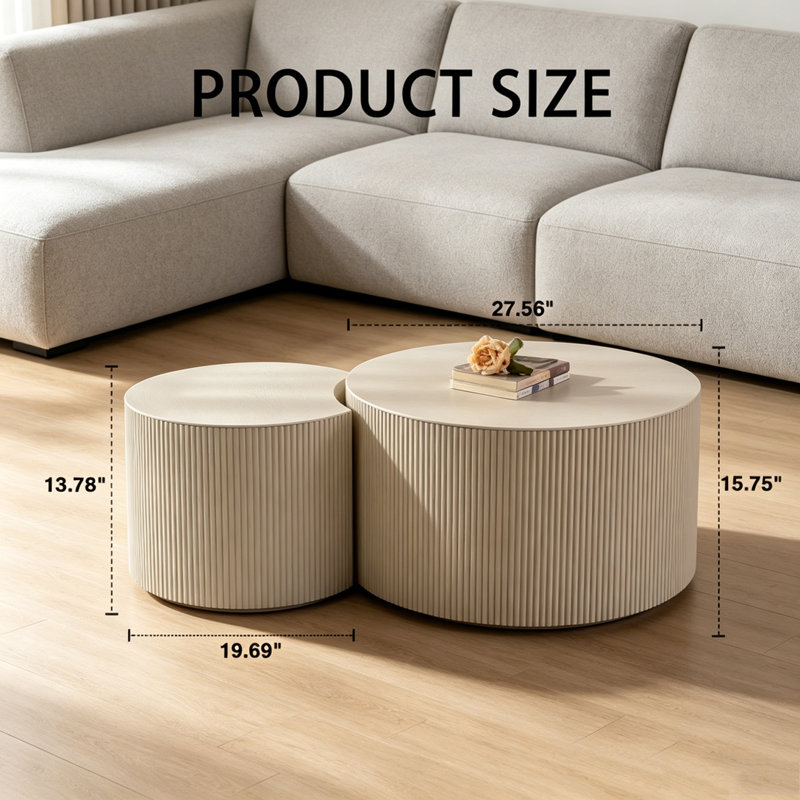 Table basse ronde, H 15,75 po x l 47,25 po x P 47,25 po, Beige + crème