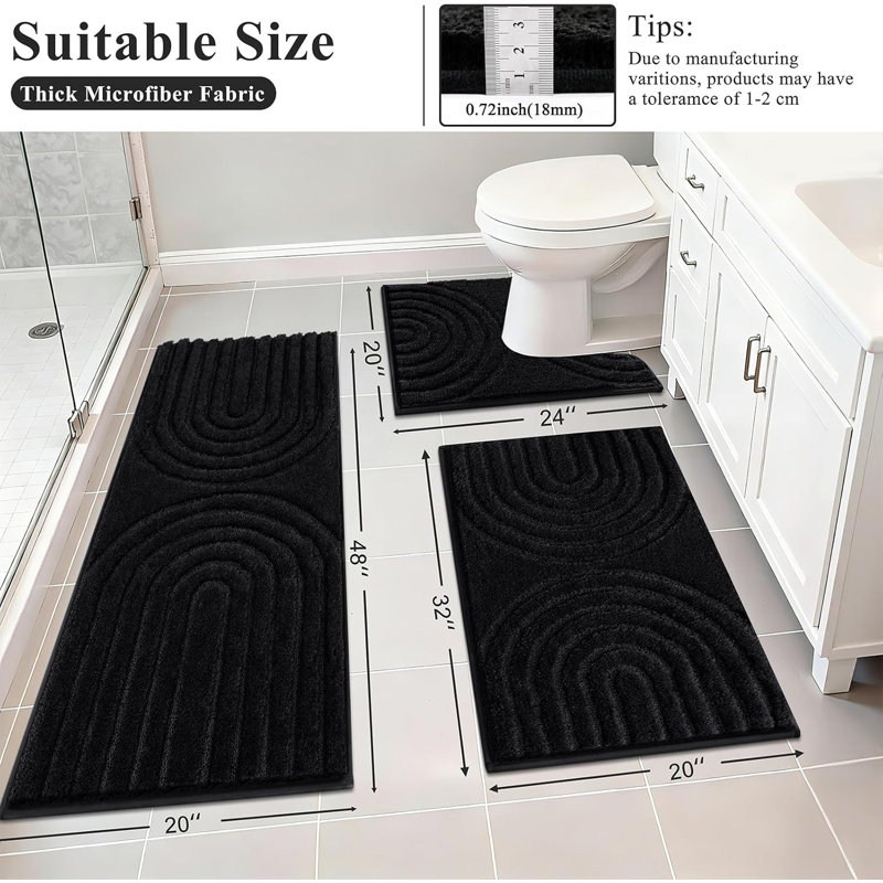 Tapis de salle de bain absorbant et antidérapant lavable (ensemble de 3), Black