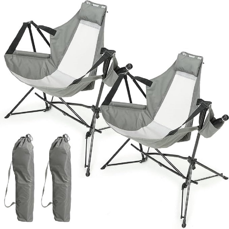 Folding Portable Hammock Camping Chair, Adjustable Back Swinging Recliner With Pillow & Cup Holder, Lightweight Frame Rocking Chair With Carry Bag For Outdoor, Lawn, Backyard – 2 Pack