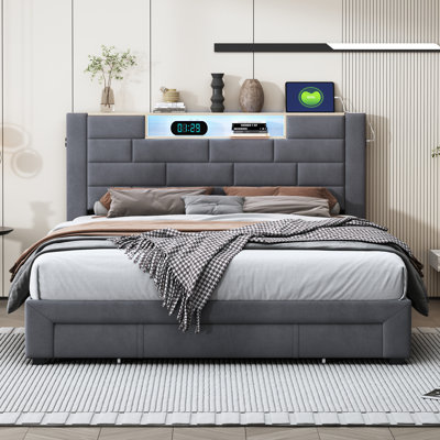 Darrelle Velvet Ottoman Storage Bed with LED Headboard Shelf & USB Charging Ports