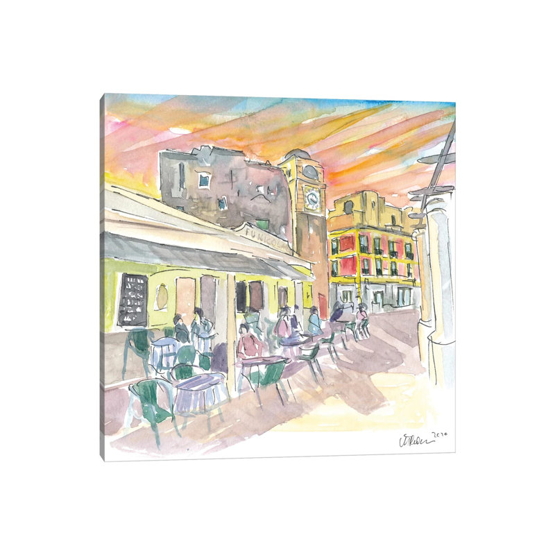 Funicular Mountain Station In Capri Italy With Romantic Piazetta And Sunset by Markus & Martina Bleichner - Wrapped Canvas Painting