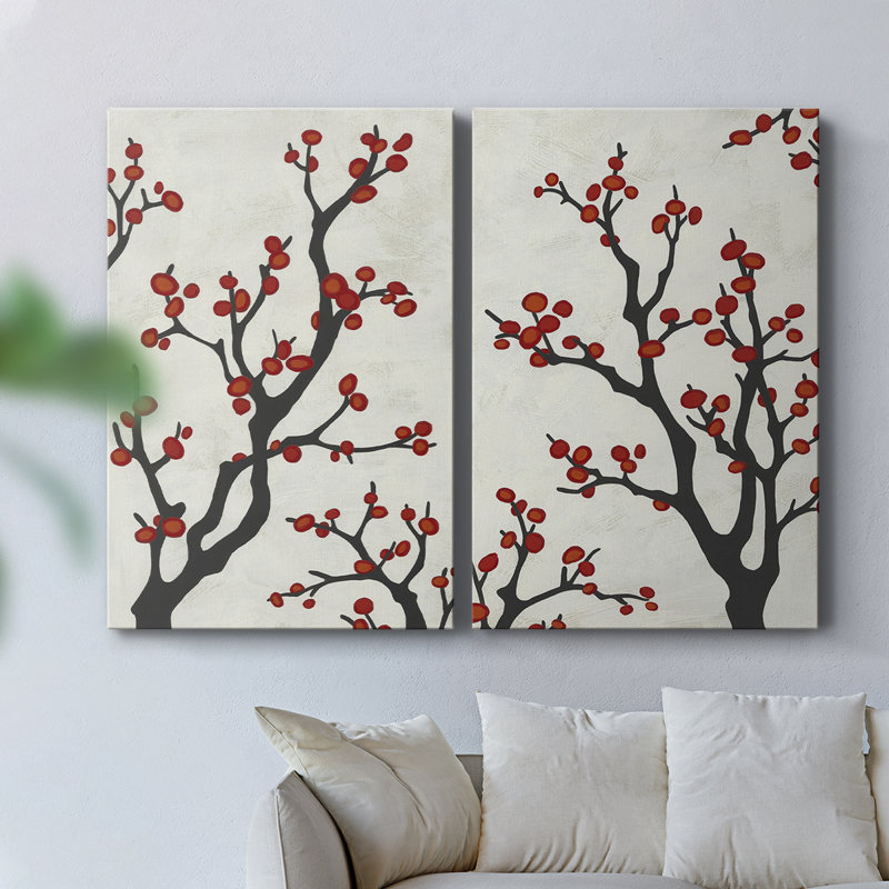 Branche de baies rouges - Toile tendue avec châssis de qualité supérieure - Prêt à être accroché, H 18 po x l 12 po
