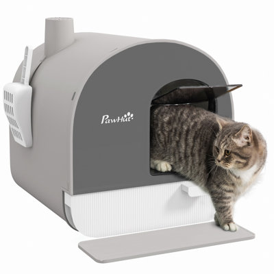 Covered Cat Litter Box With Pull-Out Tray, Scoop, And Odor Filter, 17" X 17" X 18.5" Indoor Pet Enclosure, Light Gray | Gift Idea