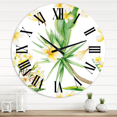 Feuillage tropical et fleurs jaunes V - horloge murale moderne