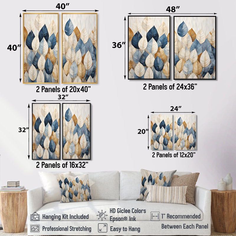 Décoration murale beige et bleu minimalisme feuilles I - grandes feuilles, H 36 po x l 48 po, Noir